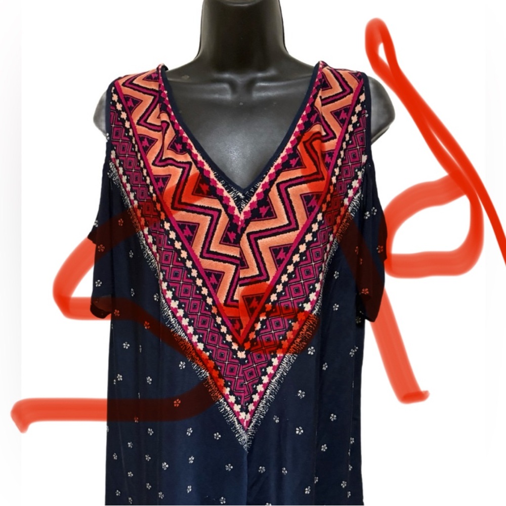 Women's V-Neck Cold Shoulder Blouse - Navy and Pink - Picture 1 of 6
